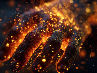 Close-up 3D render of a charred hand with orange lava flames at fingertips, set against a dark backdrop Bright sparks float around, emphasizing the fiery scene High contrast and reali - AI-Generated