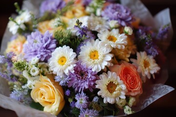 Bouquet of daisies chrysanthemums roses and assorted summer blooms for joyful or sorrowful occasions