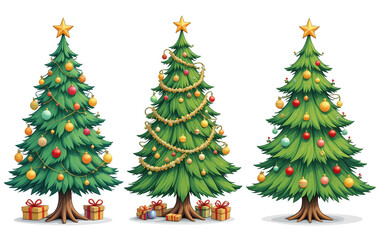 Watercolor illustration of Christmas trees decorated with baubles, golden stars, and gifts under the trees on a white background