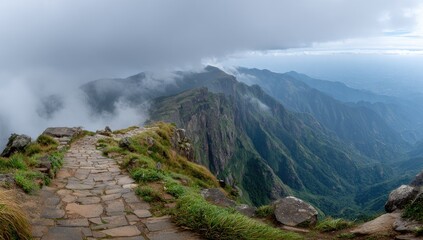 Stone path leading to a mountain vista.