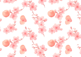 Floral Seamless Pattern Illustration Of Cherry Blossom And Peach Fruits On Black Background