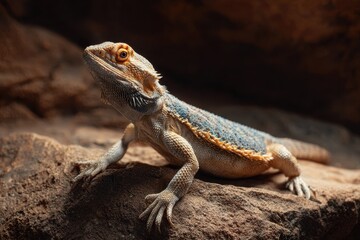 Obraz premium Serene male bearded dragon resting on a rock in its enclosure