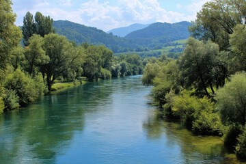 Serene scenery featuring a blue stream and lush foliage