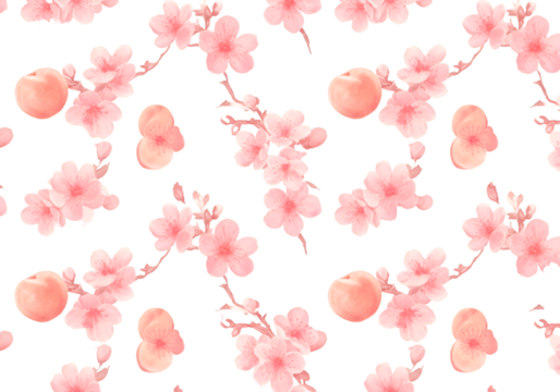 Floral Seamless Pattern Illustration Of Cherry Blossom And Peach Fruits On Black Background - Powered by Adobe