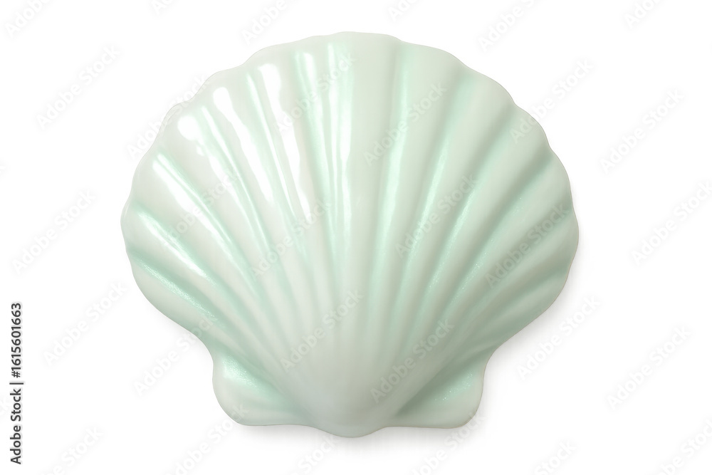 Poster glossy white seashell showcasing intricate spiral pattern, revealing delicate surface details agains