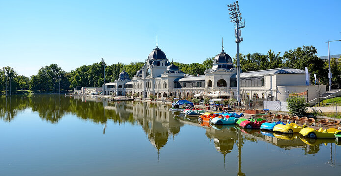 Paddle boats reflecting on the lake of city park in budapest - Powered by Adobe