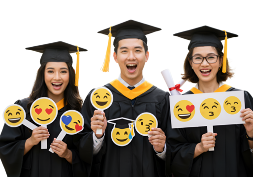 Happy Graduating Students Displaying Emojis Illustration Photo On Transparent Background