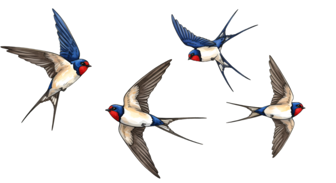 Flying Swallows Illustration Pixel Art With Blue Wings On Transparent Background