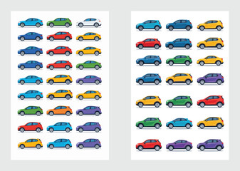 Colorful Side View Mini Cars Vector Set in Cartoon Flat Style

