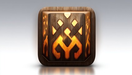 Ornate wooden cube icon with glowing details.