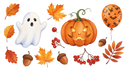 Halloween Illustration With Pumpkin Ghost And Autumn Leaves Isolated On Black