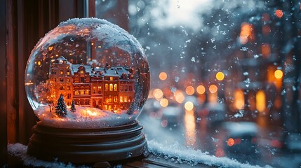 A shattered snow globe on a windowsill, with its miniature city scene of glowing lights and snow-covered trees still intact, creating a magical, broken-fantasy moment