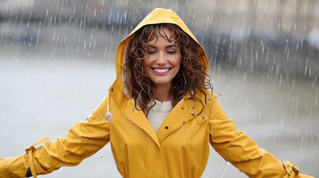 Woman wearing yellow raincoat is dancing and having fun in the rainy weather - rain dancing in stormy weather
