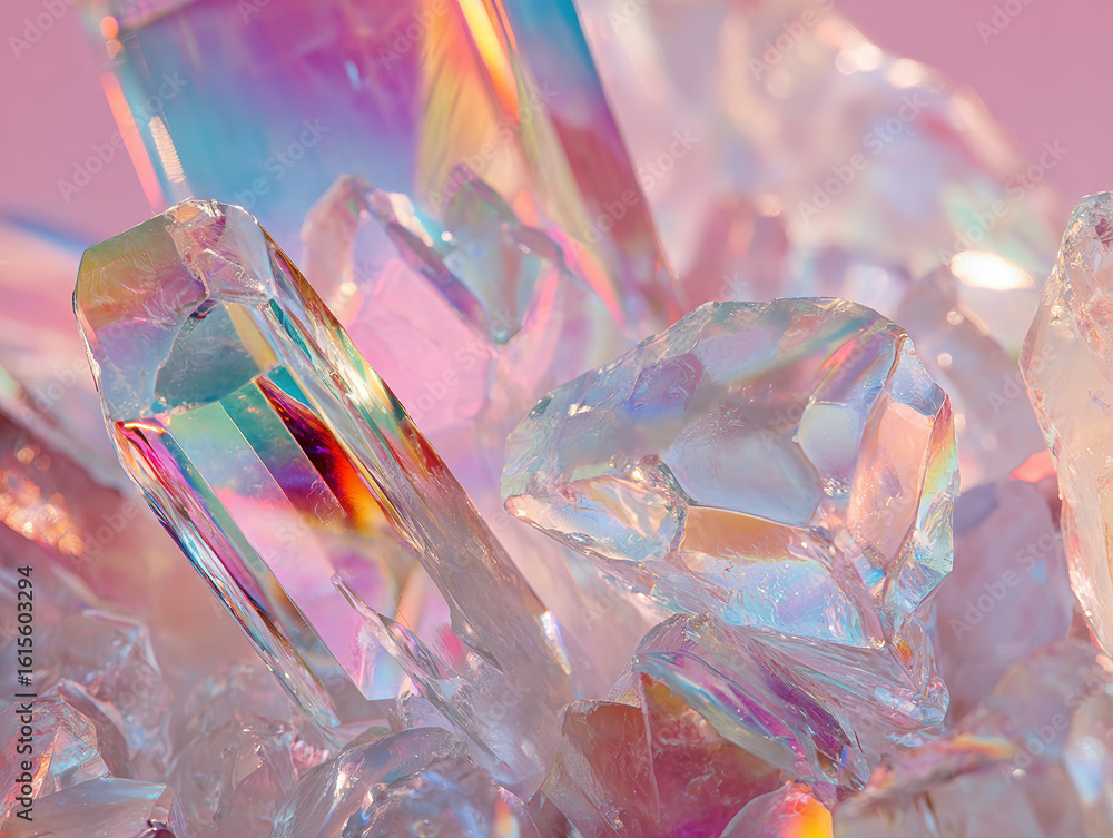 Poster close-up of multi-colored, faceted crystal shards against a light backdrop, showcasing intricate pat