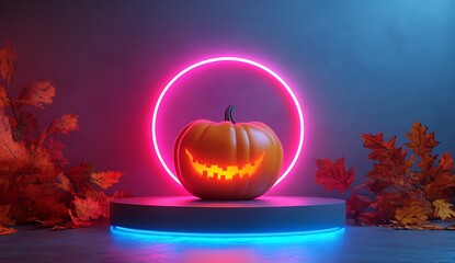 Jack-o-lantern on podium with pink neon circle and autumn leaves halloween pumpkin