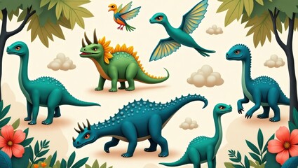 Colorful dinosaur illustrations in a lush jungle setting.