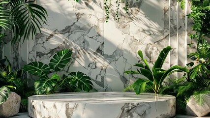 Step into elegance with a marble 3D podium set amidst lush tropical plants, creating a sophisticated backdrop for upscale products. 3d background podium