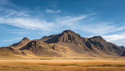 Vast mountain range, golden plain, clear sky