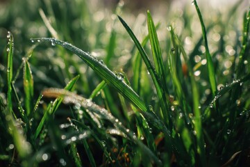 Spring s initial green grass glistens with morning dew