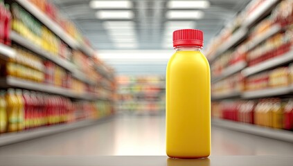 Yellow juice bottle in grocery aisle