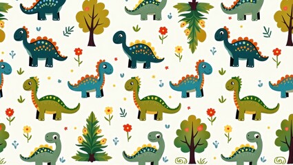 Cute dinosaurs and trees pattern on a white background.