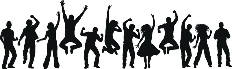 Silhouettes of diverse people jumping and dancing, energetic celebration, unity, joy, movement, party spirit, white background, vector illustration