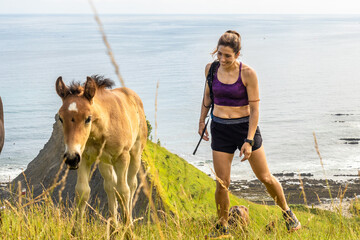 Hiker walking with her dog meeting wild horses on the cliffs of zumaia, basque country, spain