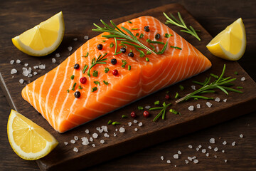 A fresh raw salmon fillet with lemon and rosemary, ready for cooking.