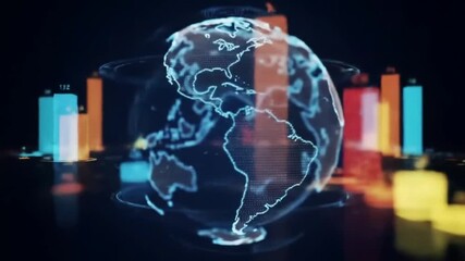 Dynamic global financial data visualization with abstract bar charts and earth globe - Powered by Adobe