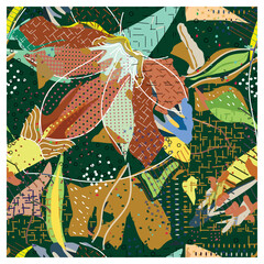 An abstract seamless print composition with vibrant colors and shapes, featuring floral motifs and geometric patterns on a dark green background.

