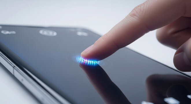 Index finger touching smartphone screen with 3D haptic feedback.