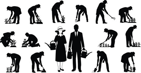 Silhouettes of gardeners with tools, planting, digging, raking, watering, teamwork, outdoor activity, farming, landscaping, agriculture, nature, gardening lifestyle