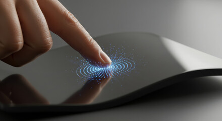 Index finger pressing on a flexible screen with 3D haptic feedback.