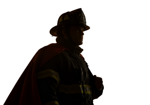 Firefighter Portrait Silhouette with Helmet and Cape on Black Background