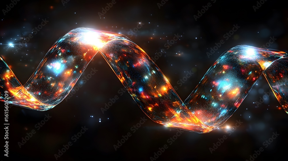 Poster abstract spiral design with vibrant colors and particles.