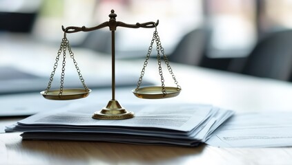 A brass balance scale sits atop a stack of legal documents on a wooden desk, symbolizing justice and fairness in a professional setting.
