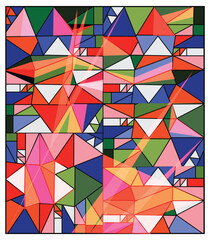 A vibrant seamless geometric abstract design featuring colorful triangles in shades of red, blue, green, and pink, creating dynamic patterns.