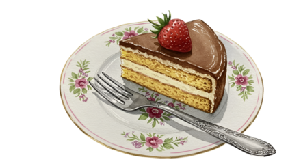 Illustration Of Cake Slice With Strawberry On Plate With Fork And Transparent Background