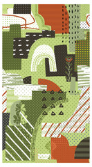 Abstract collage of textured shapes in green, red, black, and white, featuring elements like arches, lines, and floral motifs, repeat print pattern