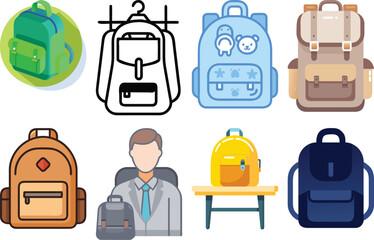 Assorted backpacks and a person in business attire rucksack satchel