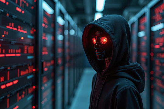 Suspect white AI robot wear hood jacket standing in data center server modern office working room in concept of cyber security hacking risk and privacy leak in cloud computing technology solution