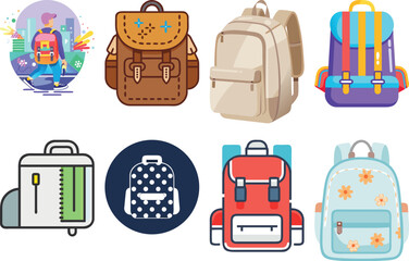 Colorful backpacks and a person with a backpack luggage travel