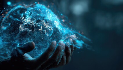 Hands holding a glowing, digital Earth