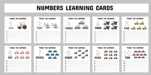 Printable number tracing cards for kids featuring numbers 1 to 10 with matching vehicle illustrations to support counting, writing, and early numeracy development.