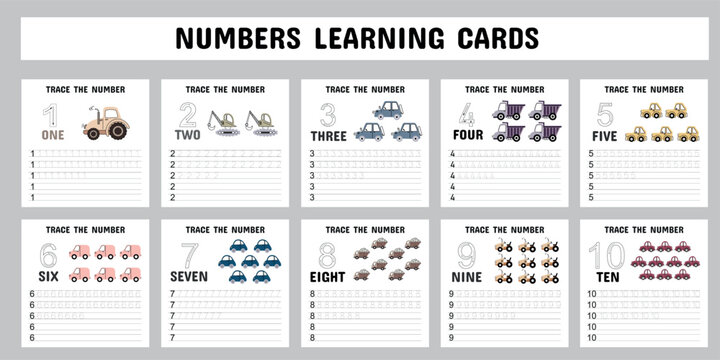 Printable number tracing cards for kids featuring numbers 1 to 10 with matching vehicle illustrations to support counting, writing, and early numeracy development.