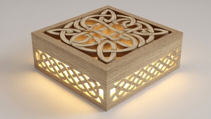 Ornate wooden light fixture with intricate knotwork design.
