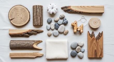 Wooden toy set for kids arranged neatly on white marble background. Wooden toy assembly includes a variety of wooden blocks, small stones, and cotton flower for creative playtime.