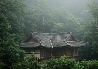 Misty forest envelops traditional east asian temple architecture amidst lush greenery