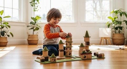 Building blocks tower crafted by happy child on floor with natural light. Building blocks for creative construction with eco-friendly material.