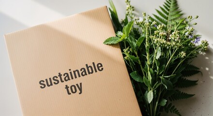 Sustainable toy packaging displayed with natural foliage and a kraft box. Sustainable toy product presentation evokes eco friendly gifts.